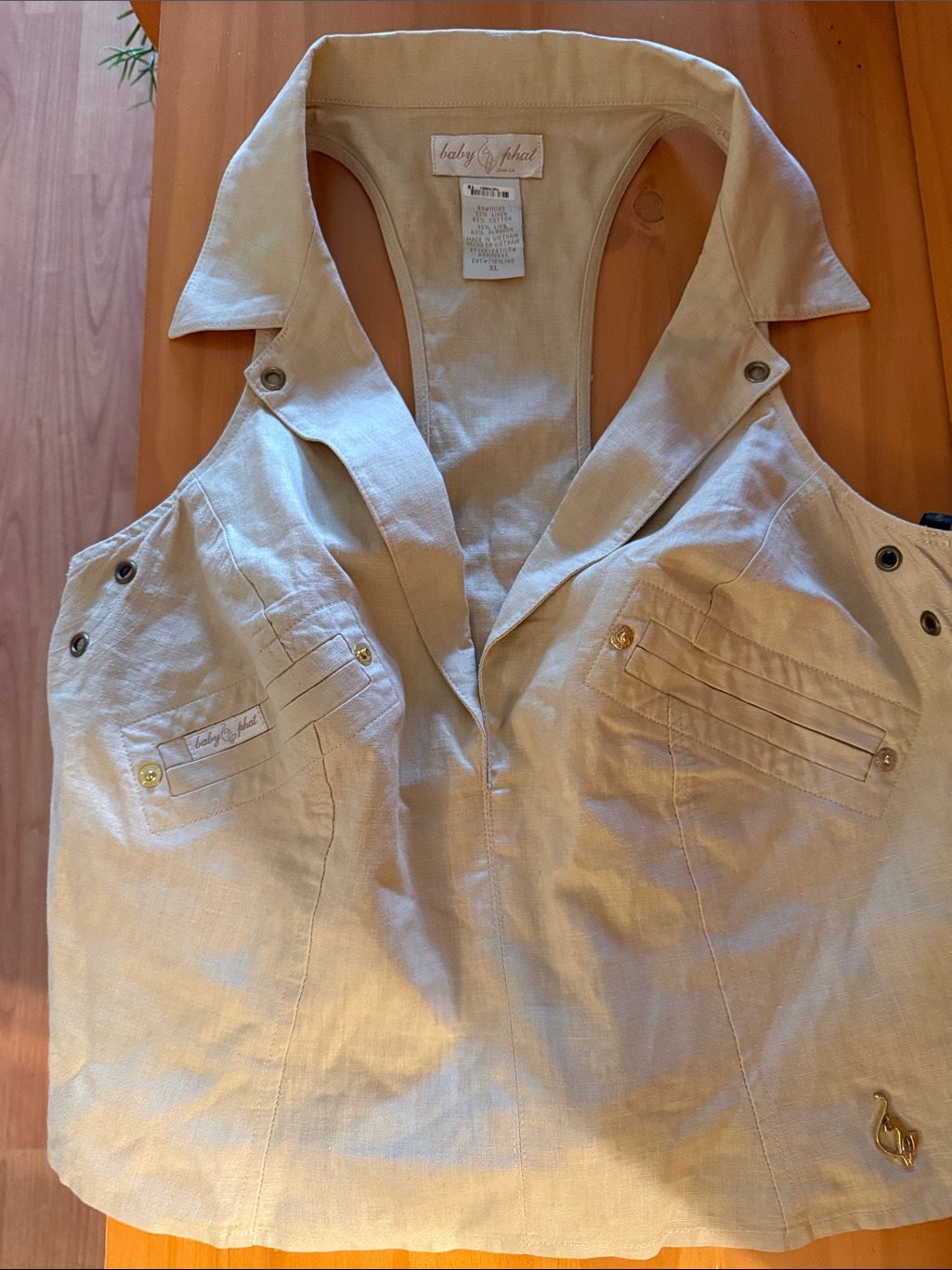 Vintage Baby Phat Beige Linen-Blend Sleeveless Vest With Gold Accents Y2k